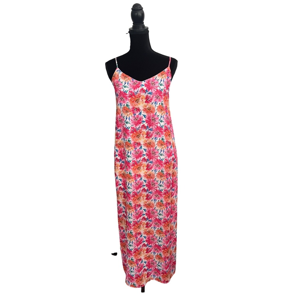 Pink Lily Floral Maxi Slip Dress Pink Orange Adjustable Strap Side Slit V-Neck M